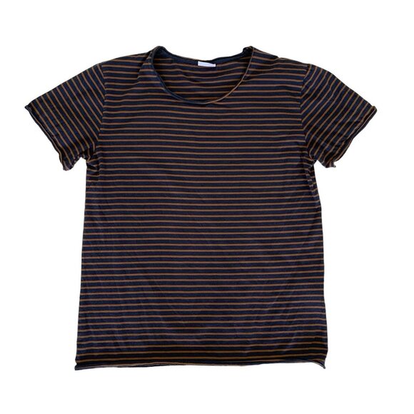 Kauf Dich Gluklich Tee Large Blue Brown Striped Short Sleeve Minimalist - Picture 1 of 5